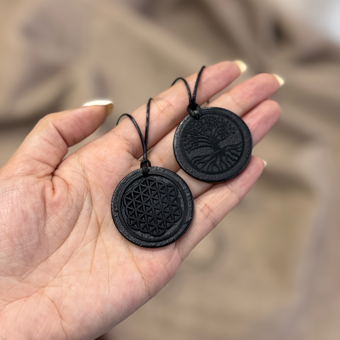 Minimalist Shungite Pendant with Cord, Meaningful Patterns
